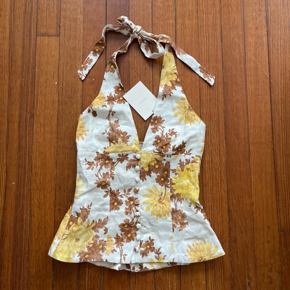 NWT Faithfull the Brand Marie Top in Midsummer Floral Mustard Brown Linen Halter - Picture 8 of 11